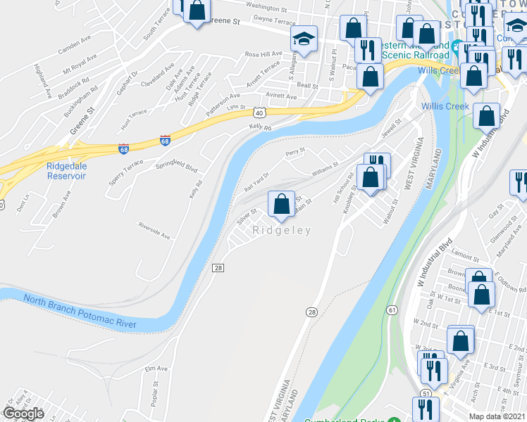 map of restaurants, bars, coffee shops, grocery stores, and more near 18 Silver Street in Ridgeley
