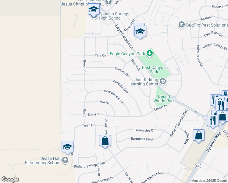 map of restaurants, bars, coffee shops, grocery stores, and more near 220 Monumental Circle in Sparks
