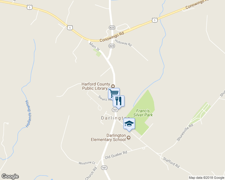 map of restaurants, bars, coffee shops, grocery stores, and more near 1131 Main Street in Darlington