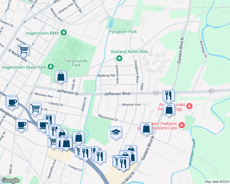 map of restaurants, bars, coffee shops, grocery stores, and more near 758 Jefferson Boulevard in Hagerstown