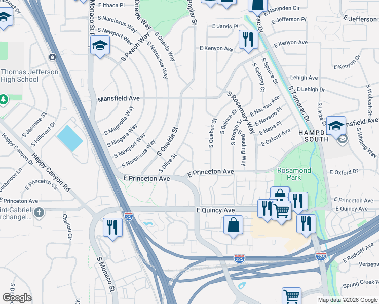 map of restaurants, bars, coffee shops, grocery stores, and more near 4094 South Poplar Way in Denver