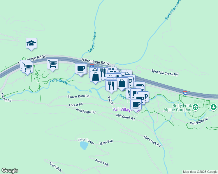 map of restaurants, bars, coffee shops, grocery stores, and more near Vail Road in Vail