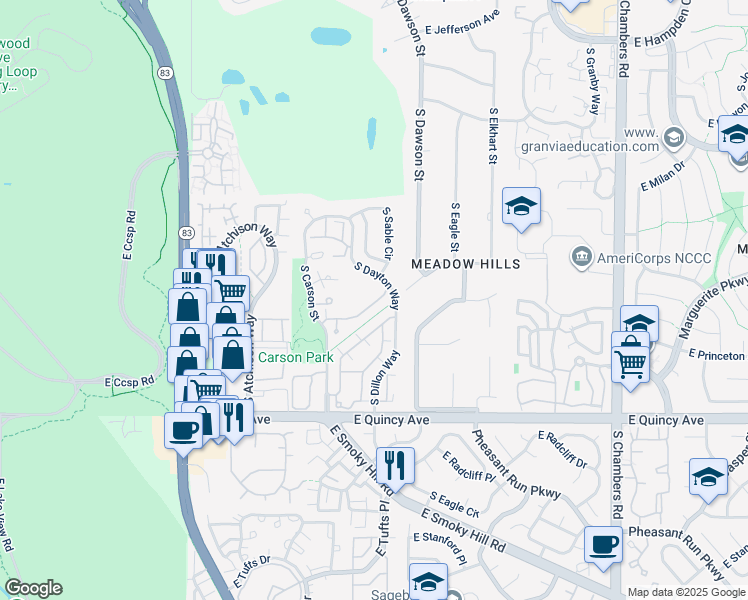 map of restaurants, bars, coffee shops, grocery stores, and more near 4105 South Cimarron Way in Aurora