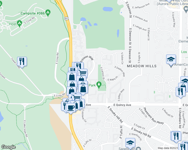 map of restaurants, bars, coffee shops, grocery stores, and more near 13957 East Oxford Place in Aurora