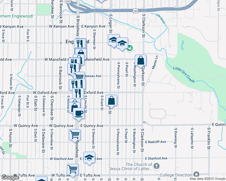 map of restaurants, bars, coffee shops, grocery stores, and more near 4111 South Pennsylvania Street in Englewood