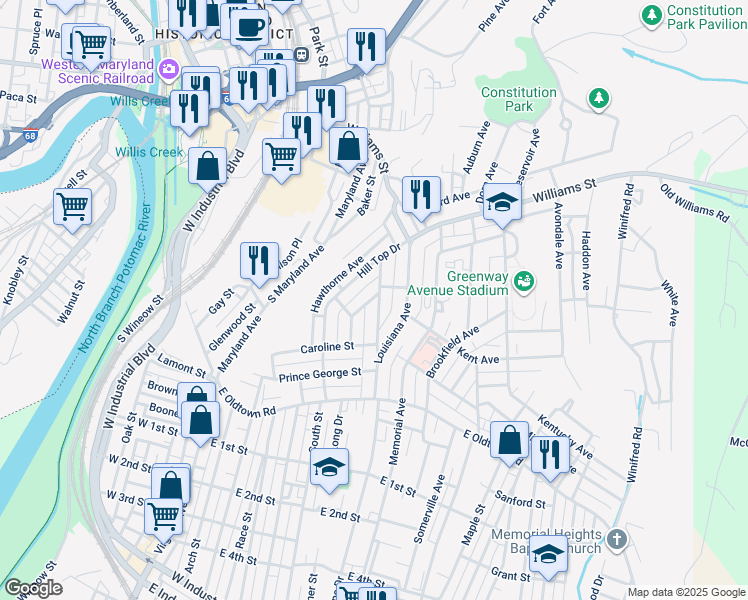 map of restaurants, bars, coffee shops, grocery stores, and more near 708 Montgomery Avenue in Cumberland
