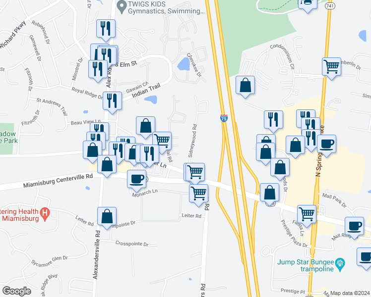 map of restaurants, bars, coffee shops, grocery stores, and more near 24 Lori Lane in Dayton