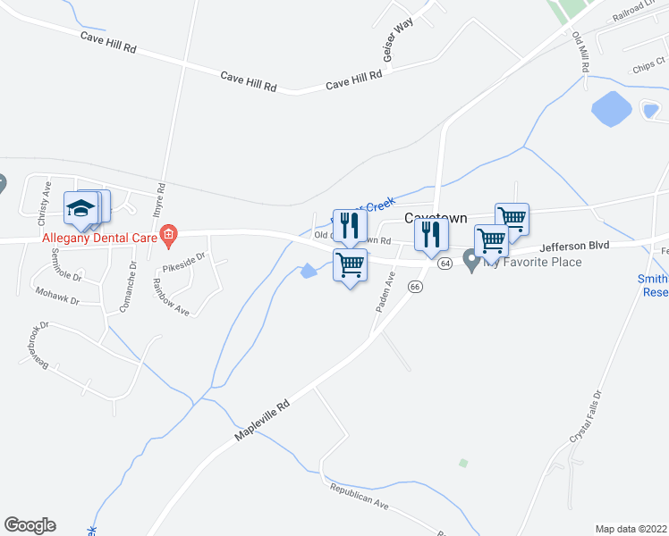 map of restaurants, bars, coffee shops, grocery stores, and more near 22317 Jefferson Boulevard in Smithsburg