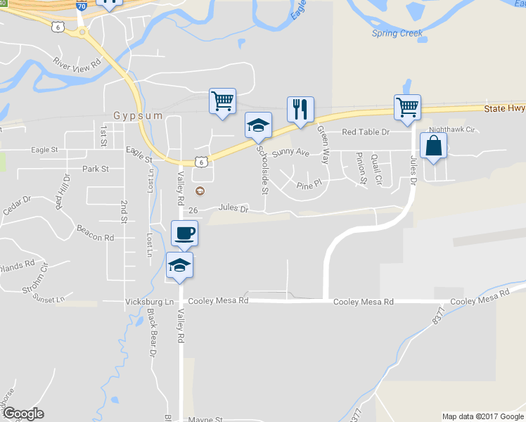 map of restaurants, bars, coffee shops, grocery stores, and more near 130 Jules Drive in Gypsum