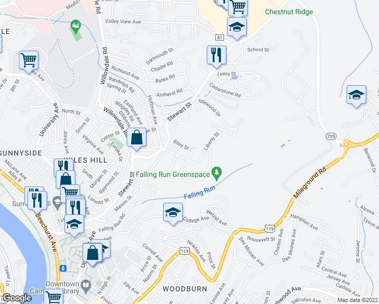 map of restaurants, bars, coffee shops, grocery stores, and more near 460 Riley Street in Morgantown