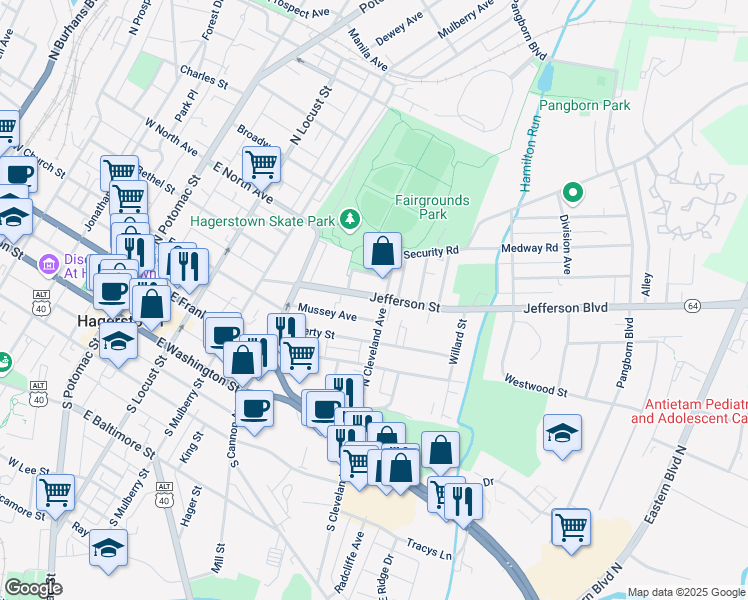 map of restaurants, bars, coffee shops, grocery stores, and more near 445 Jefferson Street in Hagerstown