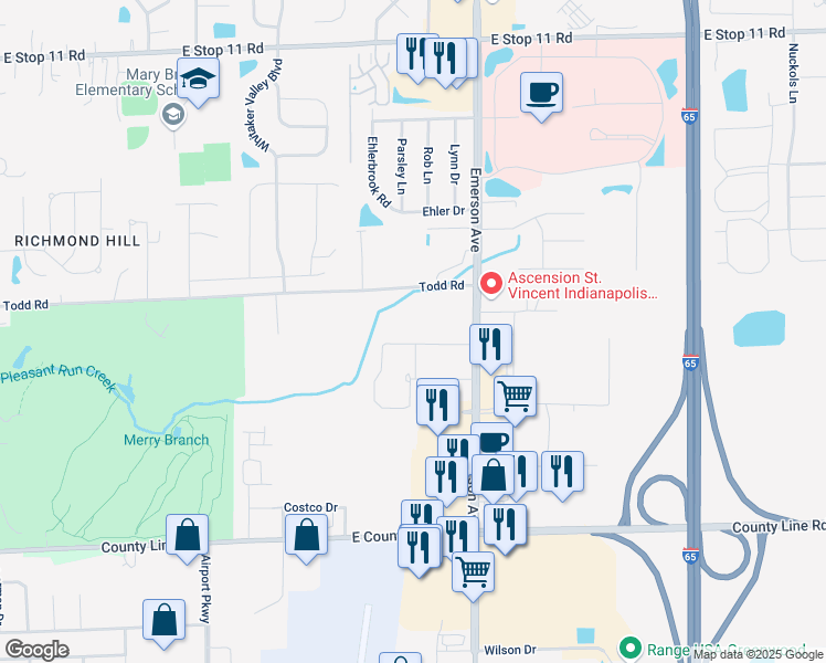 map of restaurants, bars, coffee shops, grocery stores, and more near 4926 Sir Barton Way in Indianapolis
