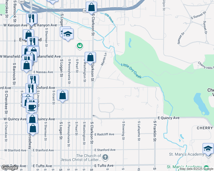 map of restaurants, bars, coffee shops, grocery stores, and more near 995 East Oxford Lane in Cherry Hills Village
