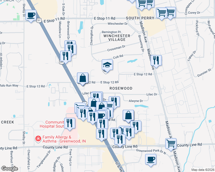 map of restaurants, bars, coffee shops, grocery stores, and more near 1914 Lilac Drive in Indianapolis