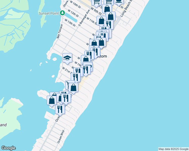map of restaurants, bars, coffee shops, grocery stores, and more near 136 East 19th Street in Ship Bottom