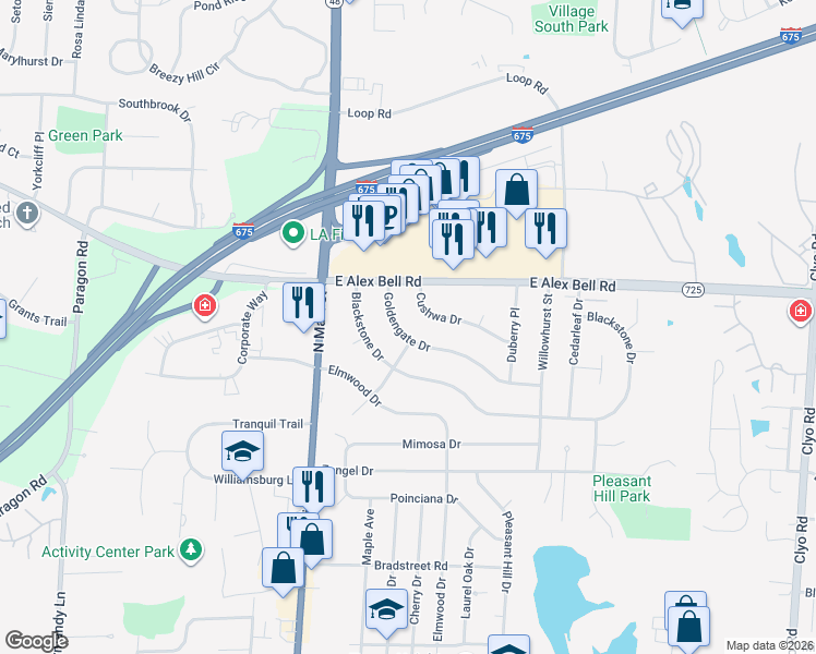 map of restaurants, bars, coffee shops, grocery stores, and more near 483 Sunnycliff Place in Dayton