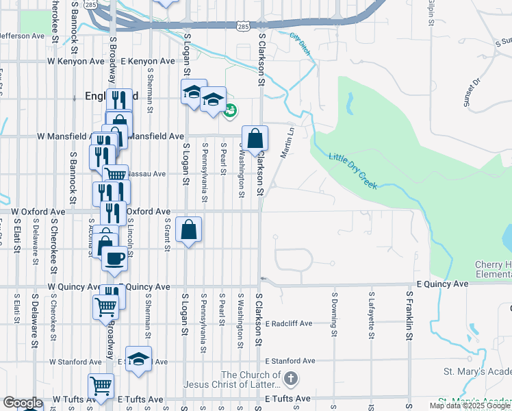 map of restaurants, bars, coffee shops, grocery stores, and more near 4103 South Clarkson Street in Englewood