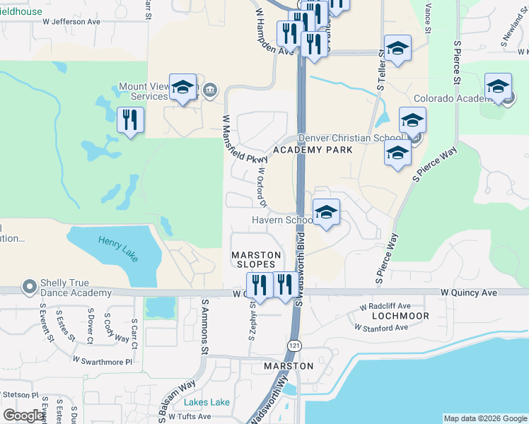 map of restaurants, bars, coffee shops, grocery stores, and more near 7810 West Oxford Circle in Lakewood