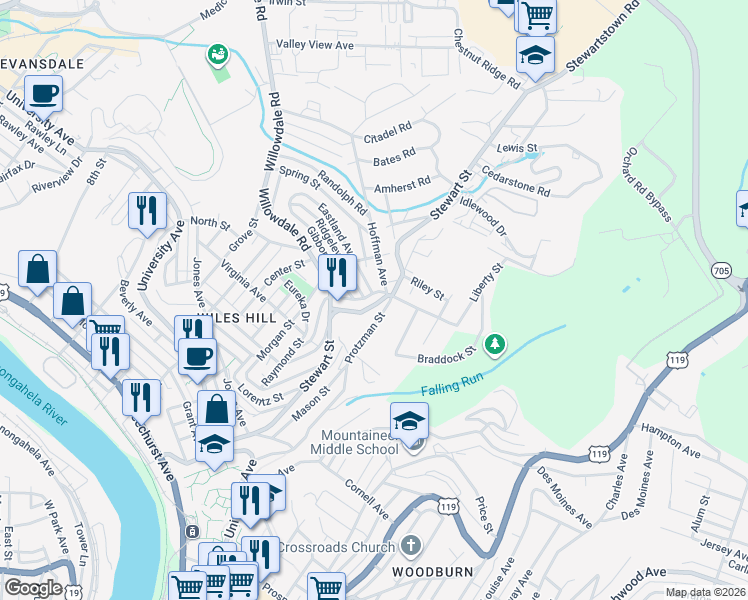 map of restaurants, bars, coffee shops, grocery stores, and more near 616 Stewart Street in Morgantown