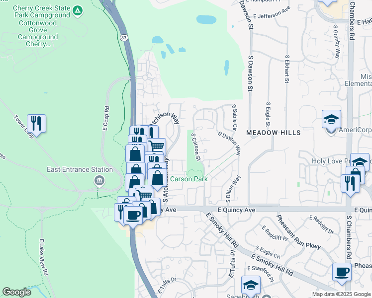 map of restaurants, bars, coffee shops, grocery stores, and more near 13957 East Oxford Place in Aurora