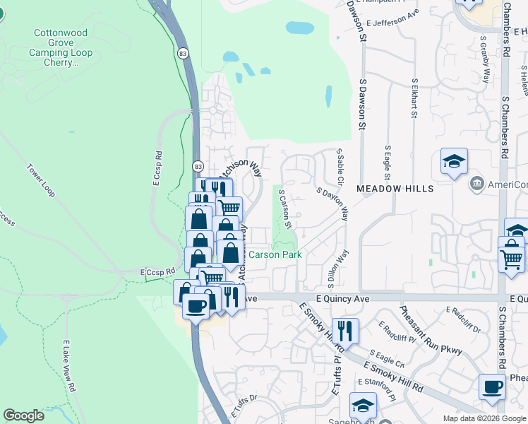 map of restaurants, bars, coffee shops, grocery stores, and more near 13957 East Oxford Place in Aurora