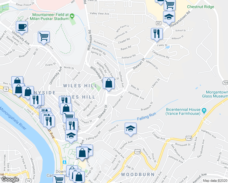 map of restaurants, bars, coffee shops, grocery stores, and more near 616 Stewart Street in Morgantown