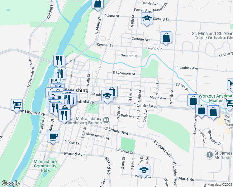 map of restaurants, bars, coffee shops, grocery stores, and more near 702 Maple Avenue in Miamisburg
