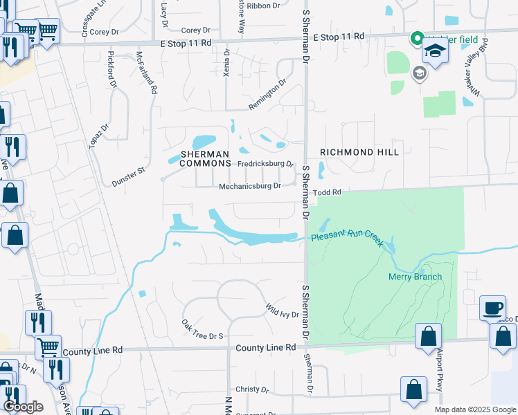 map of restaurants, bars, coffee shops, grocery stores, and more near 3608 Valley Lake Drive in Indianapolis