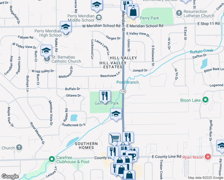 map of restaurants, bars, coffee shops, grocery stores, and more near 113 Buffalo Drive in Indianapolis