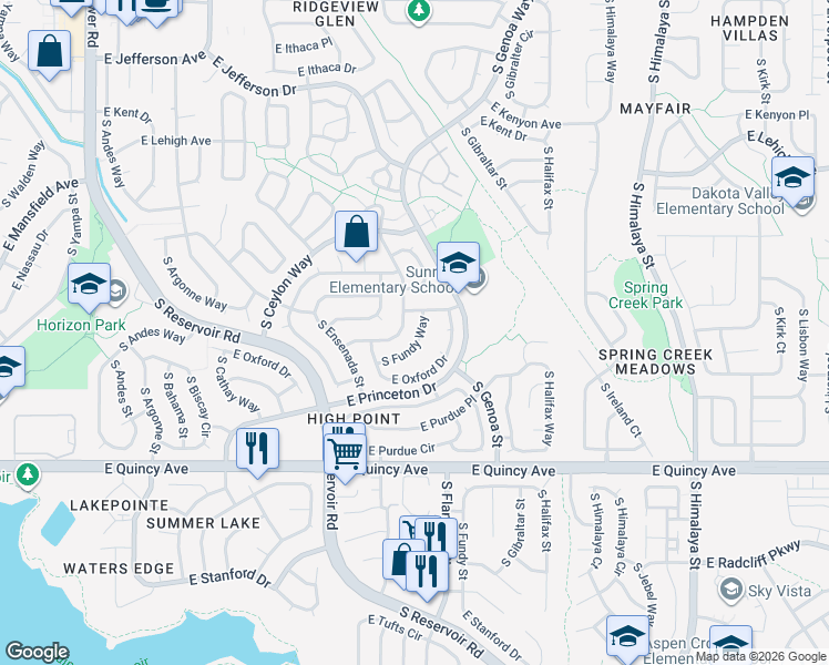 map of restaurants, bars, coffee shops, grocery stores, and more near 4048 South Fundy Way in Aurora