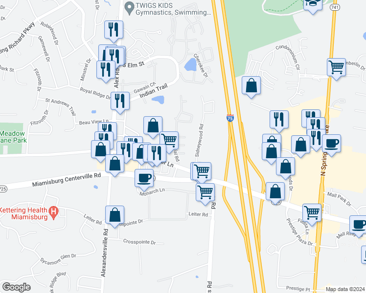 map of restaurants, bars, coffee shops, grocery stores, and more near 24 Lori Lane in Dayton