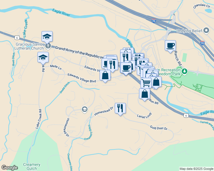 map of restaurants, bars, coffee shops, grocery stores, and more near 210 Edwards Village Boulevard in Edwards