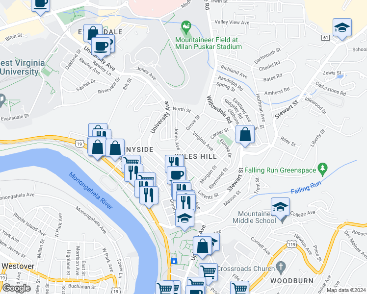 map of restaurants, bars, coffee shops, grocery stores, and more near 304 Highland Avenue in Morgantown