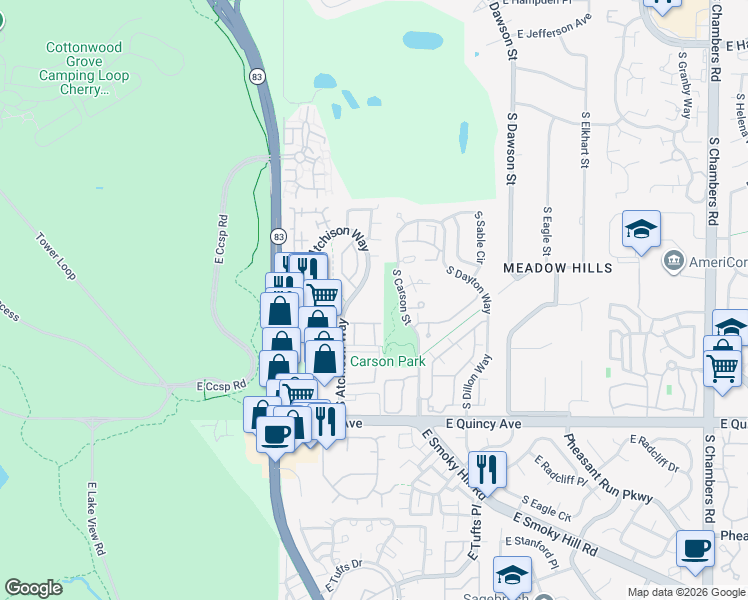 map of restaurants, bars, coffee shops, grocery stores, and more near 13957 East Oxford Place in Aurora
