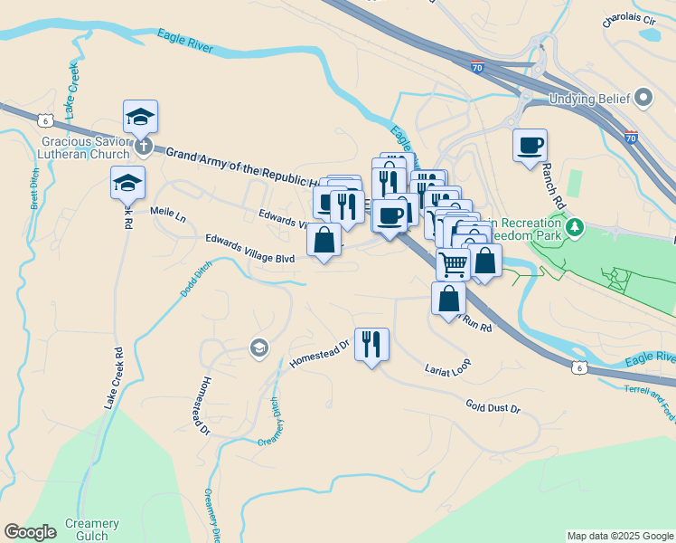 map of restaurants, bars, coffee shops, grocery stores, and more near 210 Edwards Village Boulevard in Edwards