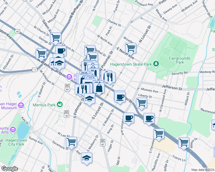 map of restaurants, bars, coffee shops, grocery stores, and more near 54 East Franklin Street in Hagerstown