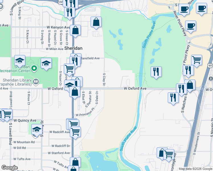 map of restaurants, bars, coffee shops, grocery stores, and more near 4100 South Dale Court in Englewood