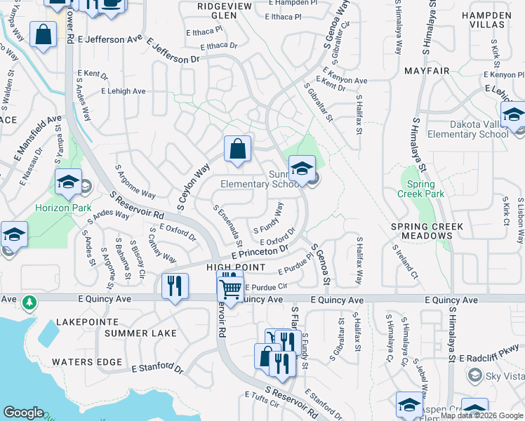map of restaurants, bars, coffee shops, grocery stores, and more near 4048 South Fundy Way in Aurora