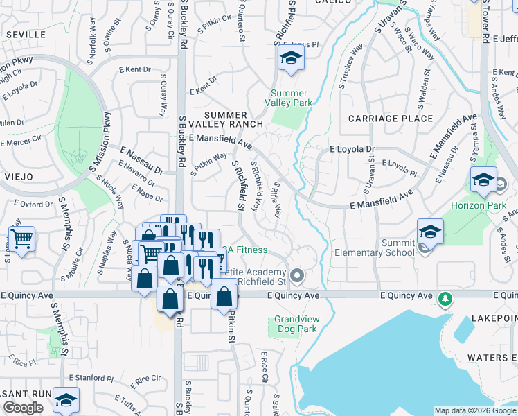 map of restaurants, bars, coffee shops, grocery stores, and more near 4101 South Richfield Way in Aurora