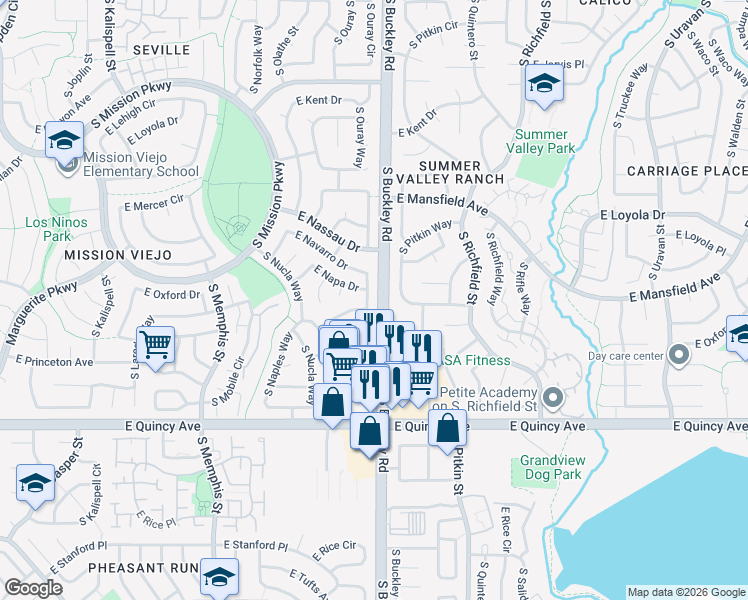 map of restaurants, bars, coffee shops, grocery stores, and more near 4140 South Ouray Way in Aurora