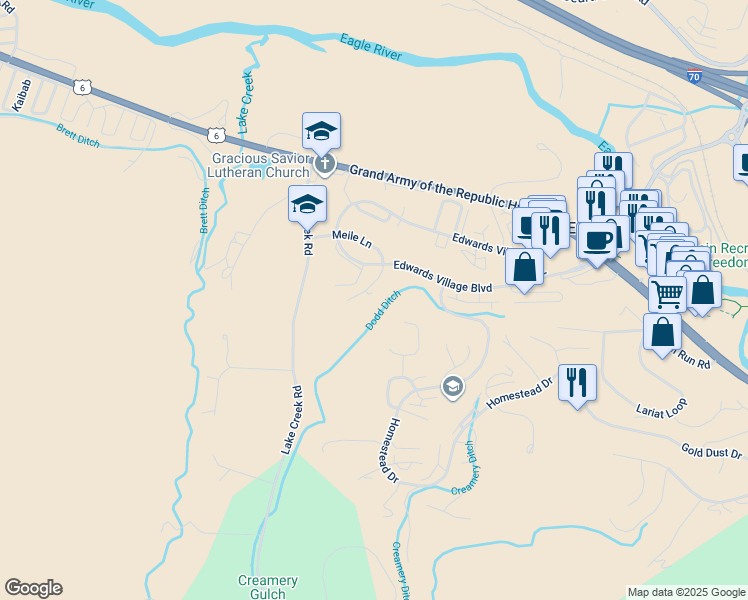 map of restaurants, bars, coffee shops, grocery stores, and more near 192 Heritage Park Place in Edwards