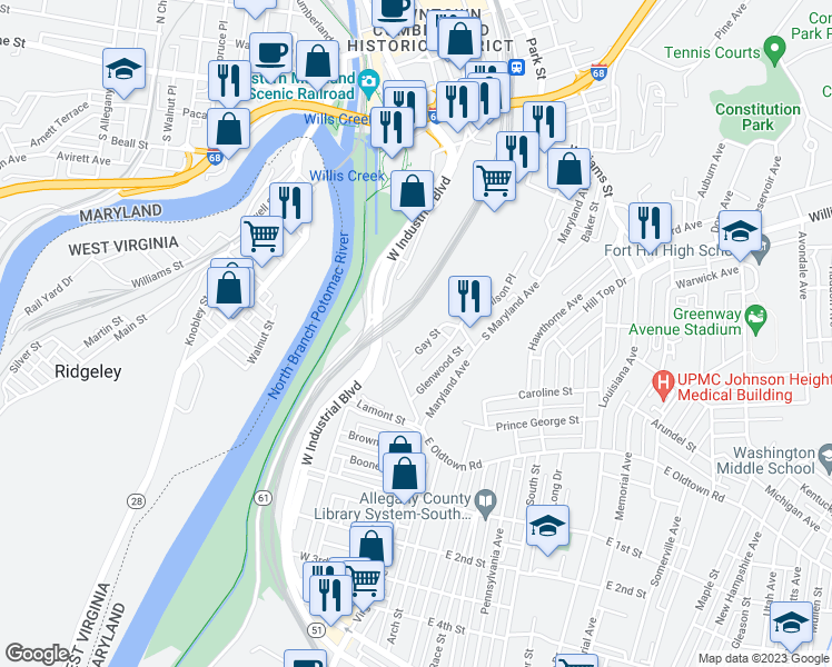 map of restaurants, bars, coffee shops, grocery stores, and more near 931 Gay Street in Cumberland