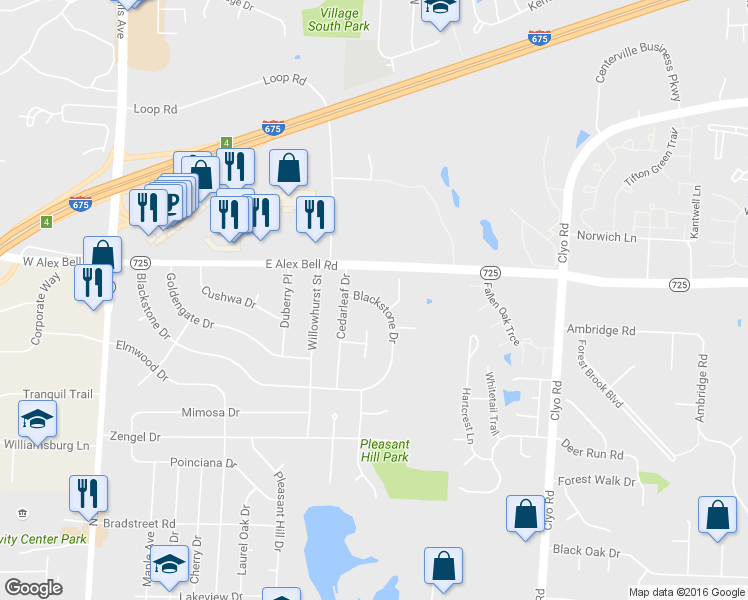 map of restaurants, bars, coffee shops, grocery stores, and more near 436 Blackstone Drive in Centerville