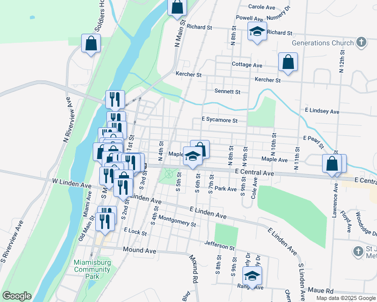map of restaurants, bars, coffee shops, grocery stores, and more near 540 Maple Avenue in Miamisburg