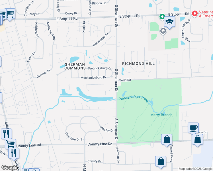 map of restaurants, bars, coffee shops, grocery stores, and more near 3706 Valley Lake Drive in Indianapolis