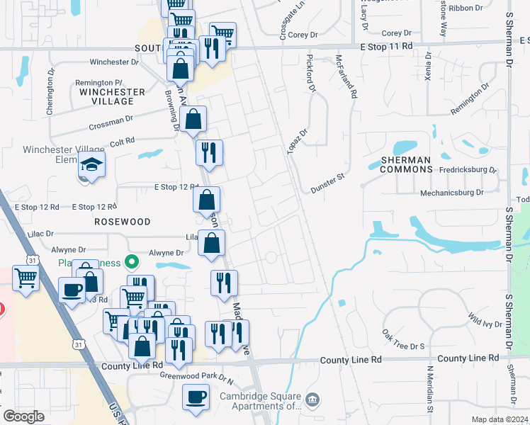 map of restaurants, bars, coffee shops, grocery stores, and more near 8544 Palo Verde Terrace in Indianapolis