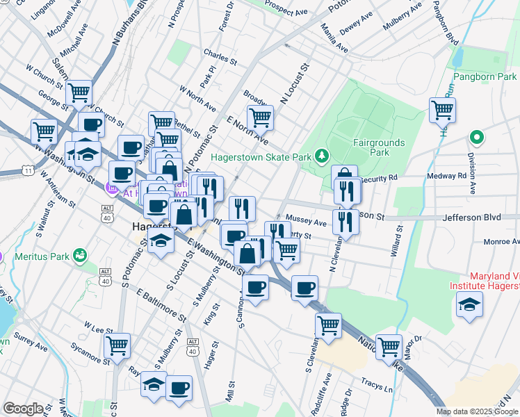 map of restaurants, bars, coffee shops, grocery stores, and more near 206 East Avenue in Hagerstown