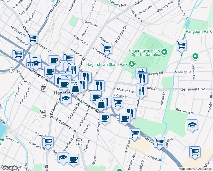 map of restaurants, bars, coffee shops, grocery stores, and more near 208 East Avenue in Hagerstown