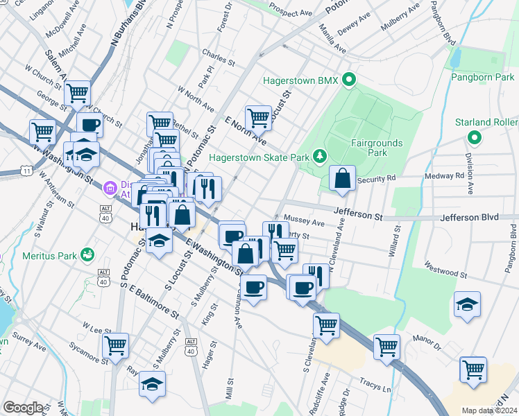 map of restaurants, bars, coffee shops, grocery stores, and more near 208 East Avenue in Hagerstown