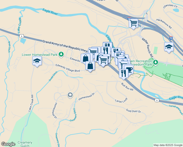 map of restaurants, bars, coffee shops, grocery stores, and more near 210 Edwards Village Boulevard in Edwards